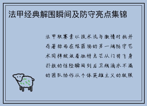 法甲经典解围瞬间及防守亮点集锦