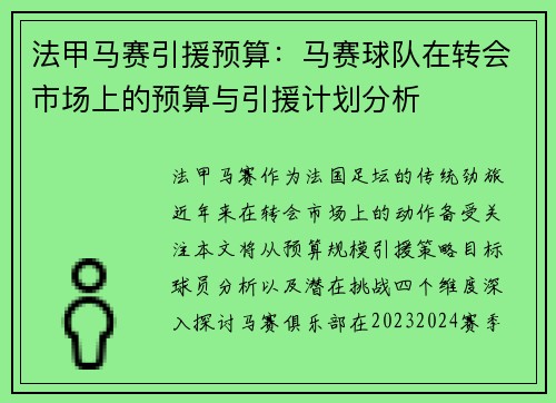 法甲马赛引援预算：马赛球队在转会市场上的预算与引援计划分析